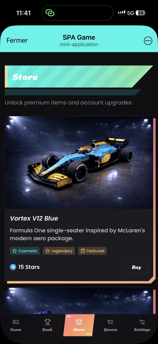 Store de la mini-app : voiture Vortex V12 achetable en Telegram Stars